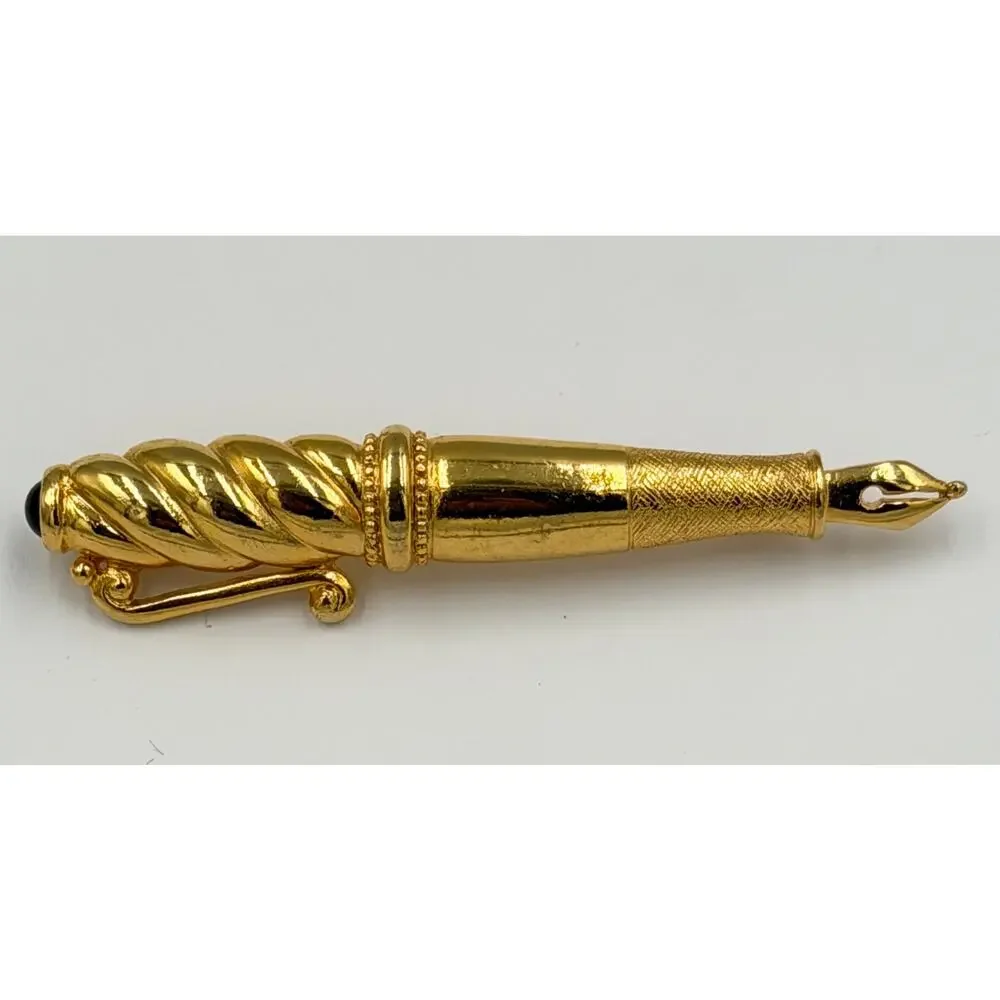 Vintage Fountain Pen Brooch Gold Toned Black Beaded Capped Brooch